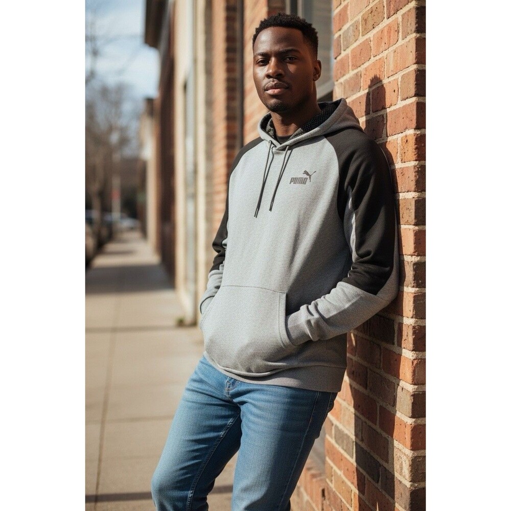 Puma Hoodie Mens Large Gray Black Pullover Athletic Sweatshirt Logo